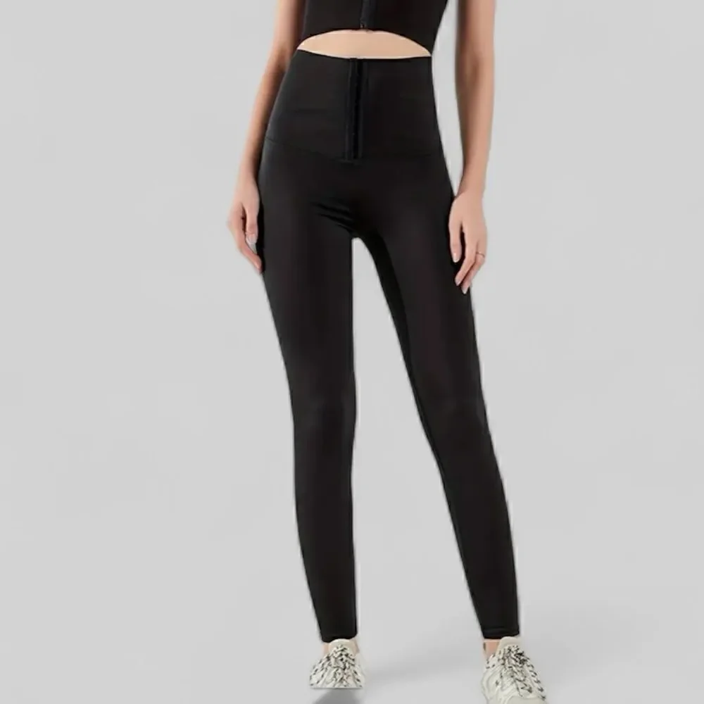 High Waist Skinny Black Leggings with 3 levels of sculpting hook and eye closure